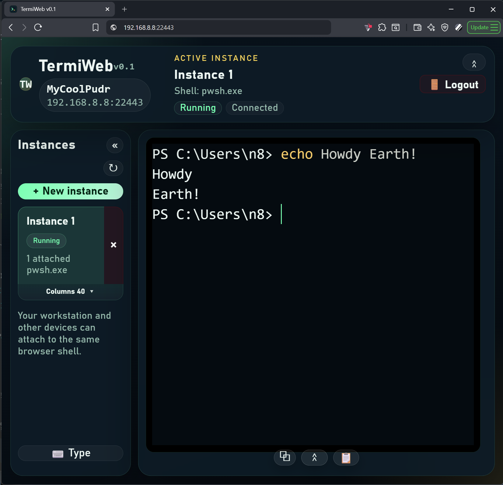 TermiWeb workstation view with shared instances and terminal controls
