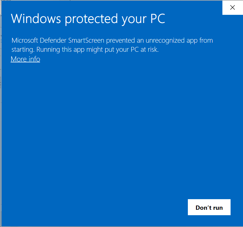 The Windows SmartScreen dialog reading Windows protected your PC, with a More info link